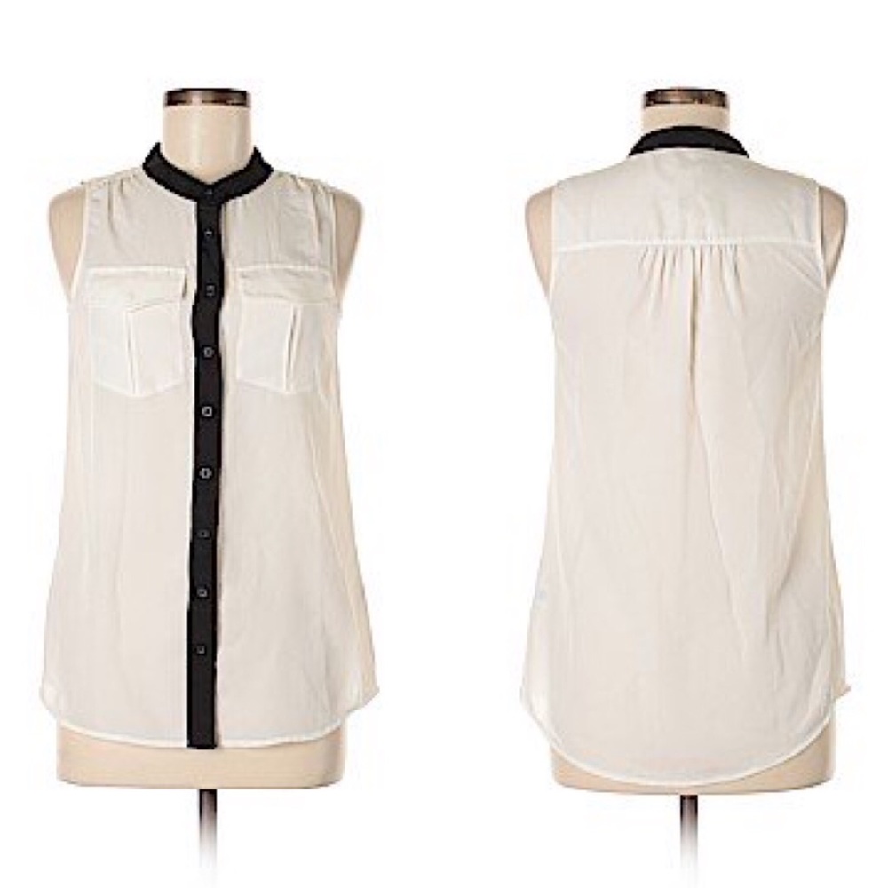 J.CREW Ivory White Sleeveless Button Down Blouse Black Piping Size 0